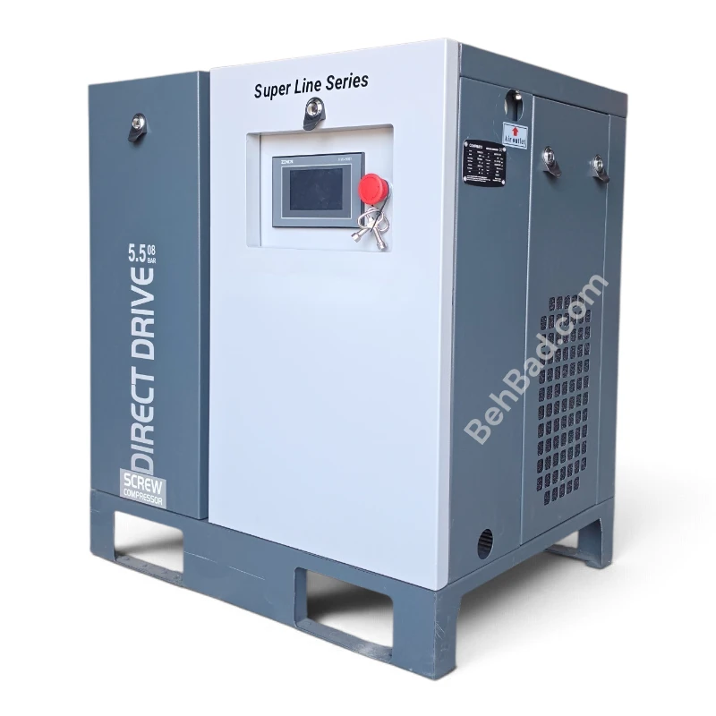 کمپرسور باد اسکرو 5.5 کیلووات 600 لیتر در دقیقه Trycomp کوپل مستقیم اینورتر دار مدل Super line 5.5kw